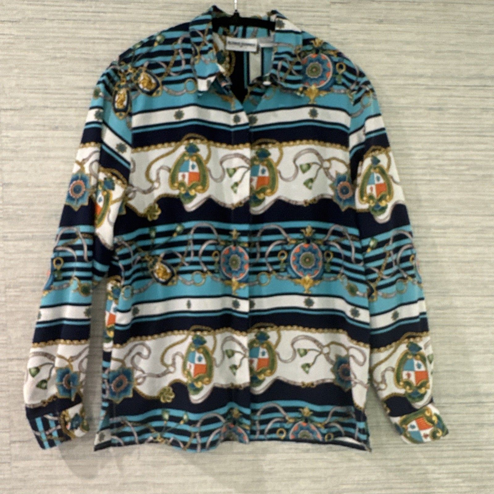 Kentucky Derby Vintage Satin Blouse Equestrian Crest Print Women Blouse Size 8